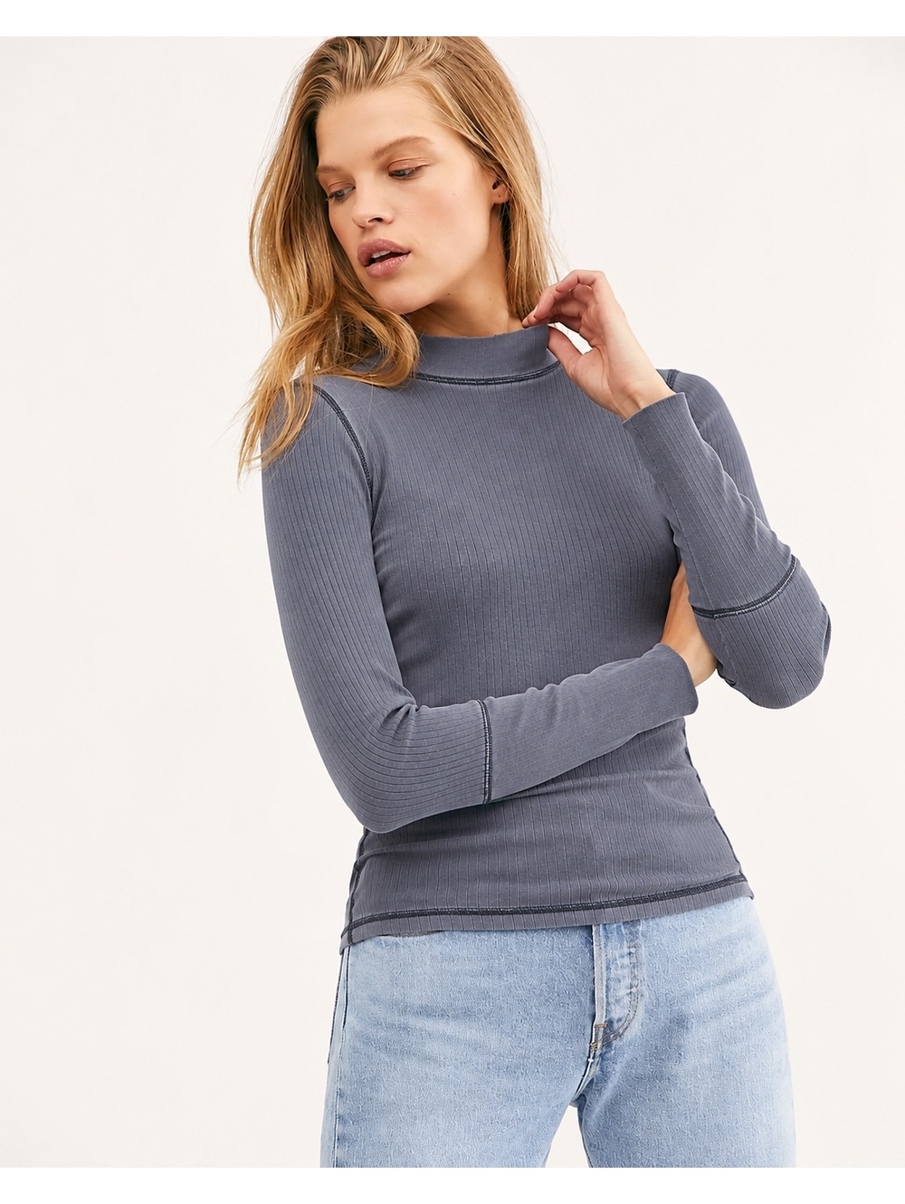 Free People Rickie Top Gray Ribbed Mock Neck Long Sleeve Size L